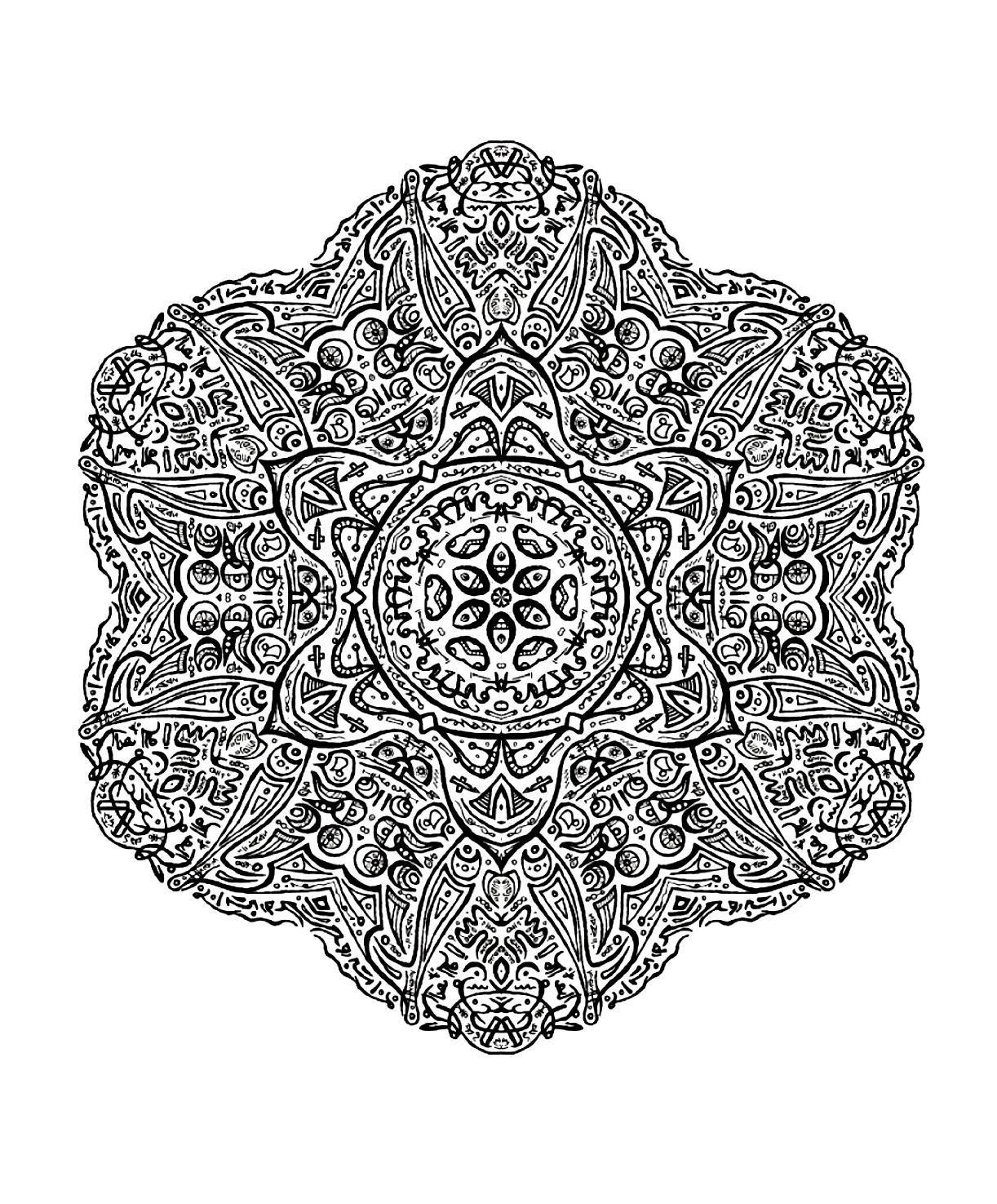 Patience et persévérance, c'est ce qu'il vous faudra pour venir à bout de ce coloriage de Mandala ultra compliqué ! une loupe ne sera pas de trop pour arriver à remplir chaque zone présente ...